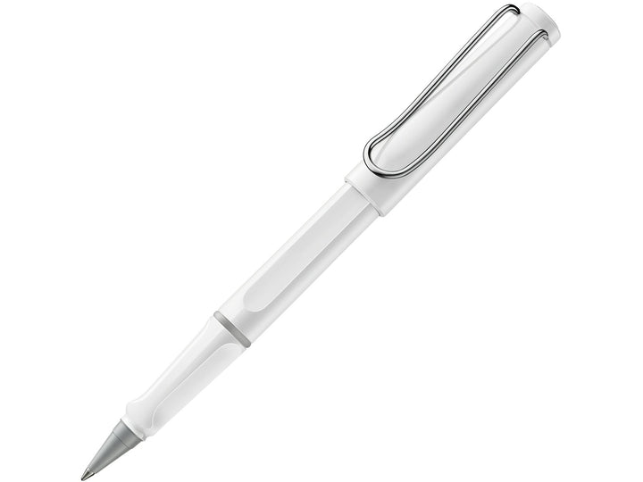 LAMY safari rollerball pen with white ASA plastic body, ergonomic grip section and spring-loaded metal clip