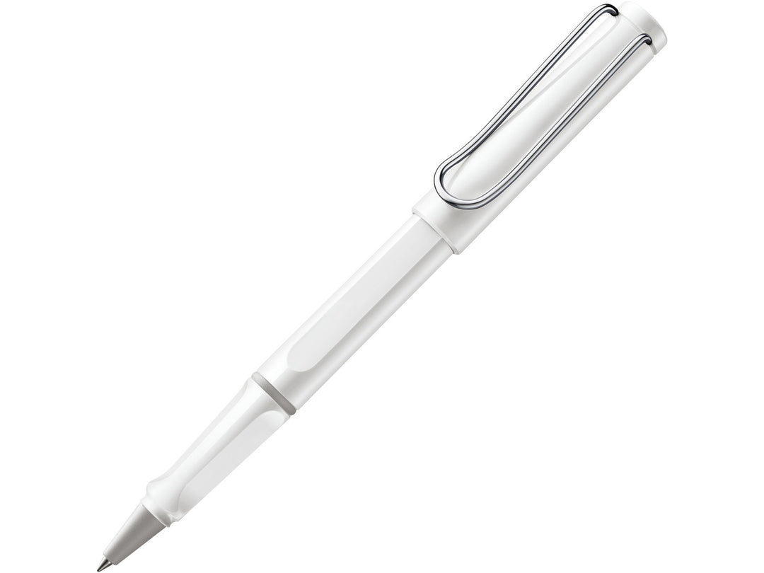 LAMY safari rollerball pen in white with ergonomic grip section and spring-loaded metal clip