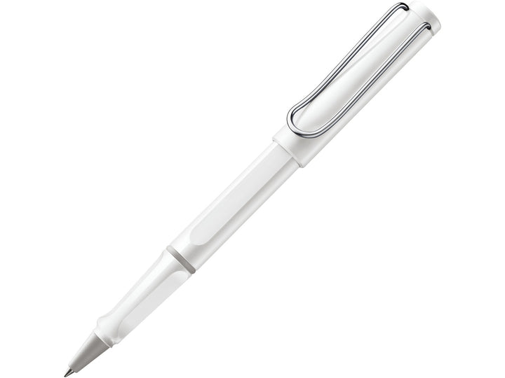LAMY safari rollerball pen in white with ergonomic grip section and spring-loaded metal clip