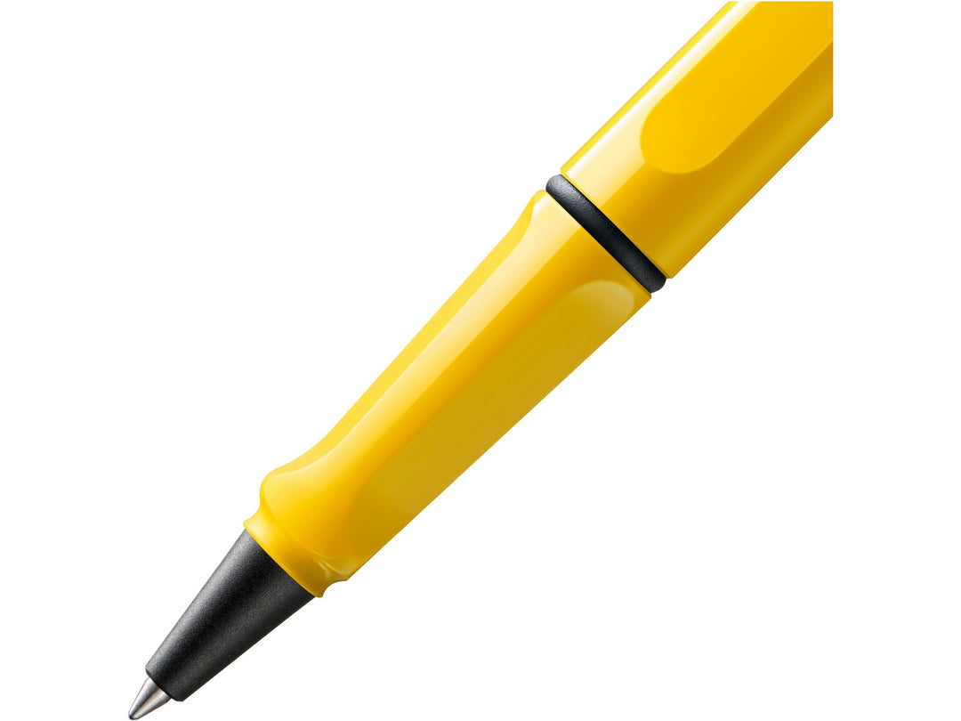 LAMY safari rollerball pen grip detail in yellow with ergonomic moulded grip section