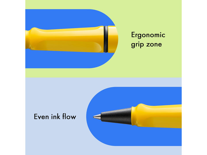 LAMY safari rollerball pen feature graphic showing ergonomic moulded grip section and smooth rollerball writing performance in yellow finish