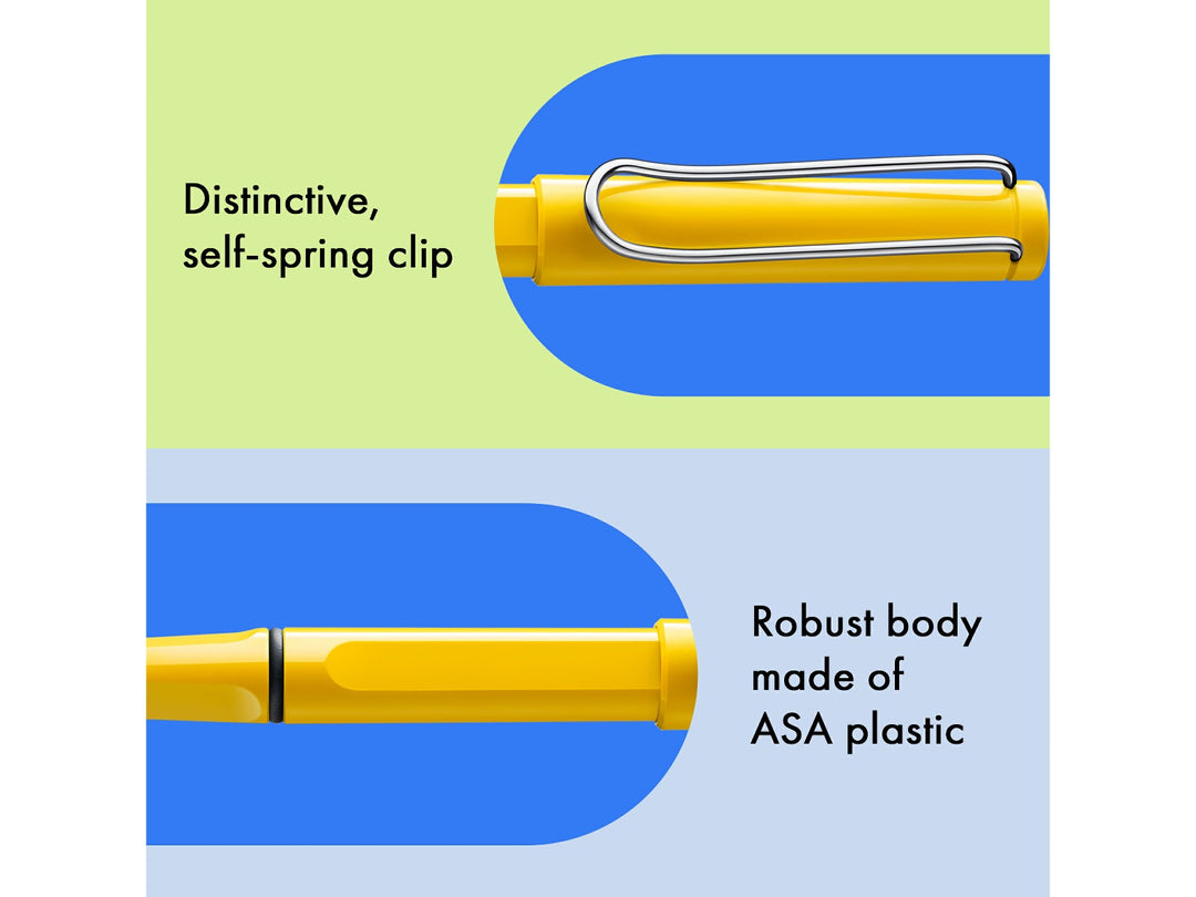 LAMY safari rollerball pen feature graphic showing spring-loaded metal clip and durable ASA plastic body construction in yellow finish