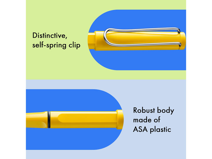 LAMY safari rollerball pen feature graphic showing spring-loaded metal clip and durable ASA plastic body construction in yellow finish
