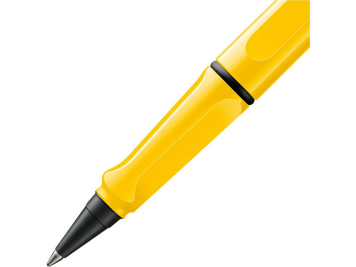 LAMY safari rollerball pen grip detail with ergonomic moulded grip section and rollerball writing tip in yellow finish