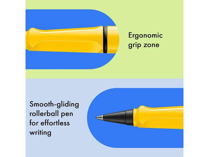 LAMY safari roll-ink rollerball pen feature graphic showing ergonomic moulded grip section and smooth liquid ink rollerball writing performance