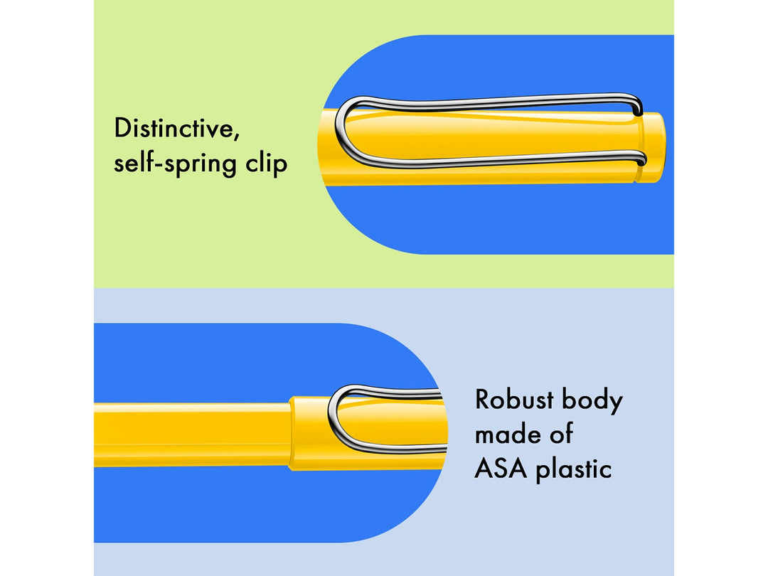 LAMY safari rollerball pen feature graphic showing spring-loaded metal clip and durable ASA plastic body construction in yellow finish