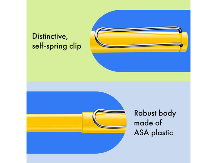 LAMY safari rollerball pen feature graphic showing spring-loaded metal clip and durable ASA plastic body construction in yellow finish