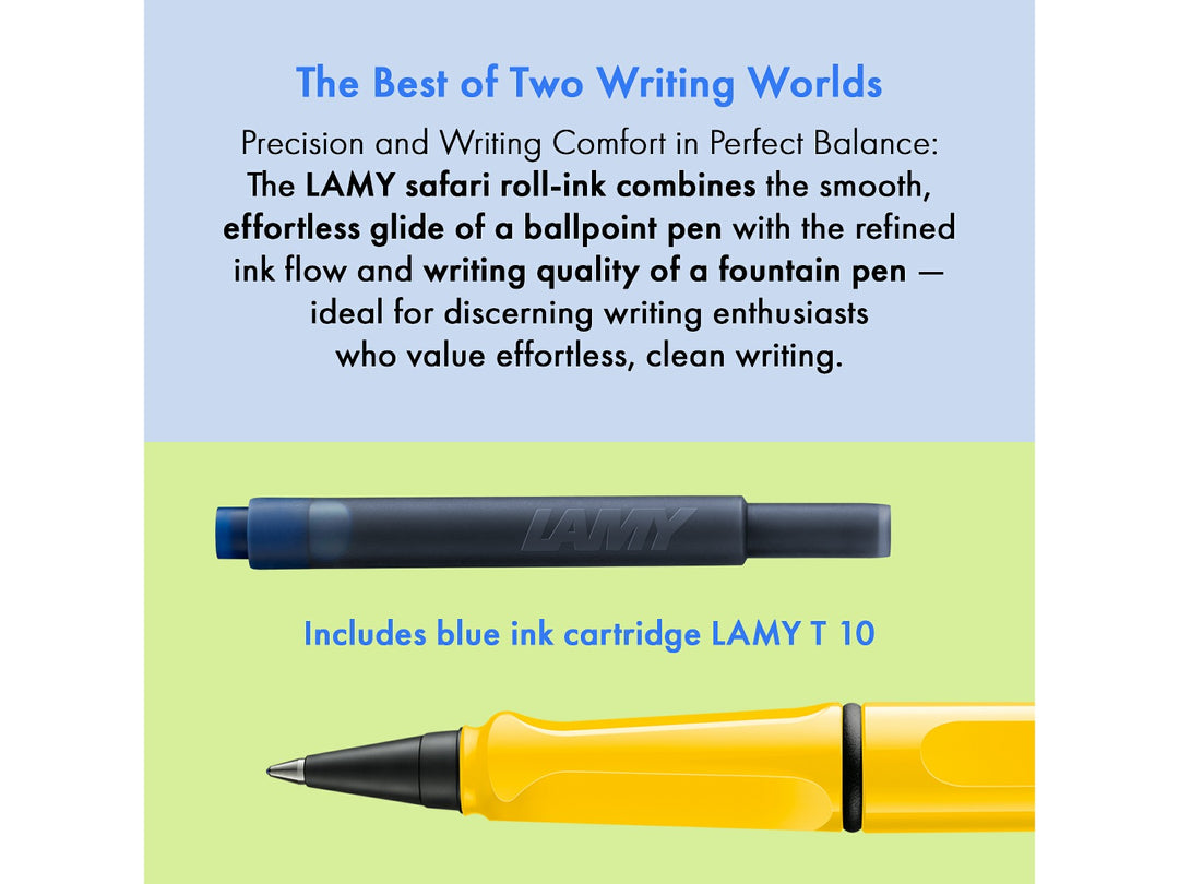 LAMY safari roll-ink rollerball pen feature graphic showing compatible LAMY T10 ink cartridge and liquid ink rollerball writing system