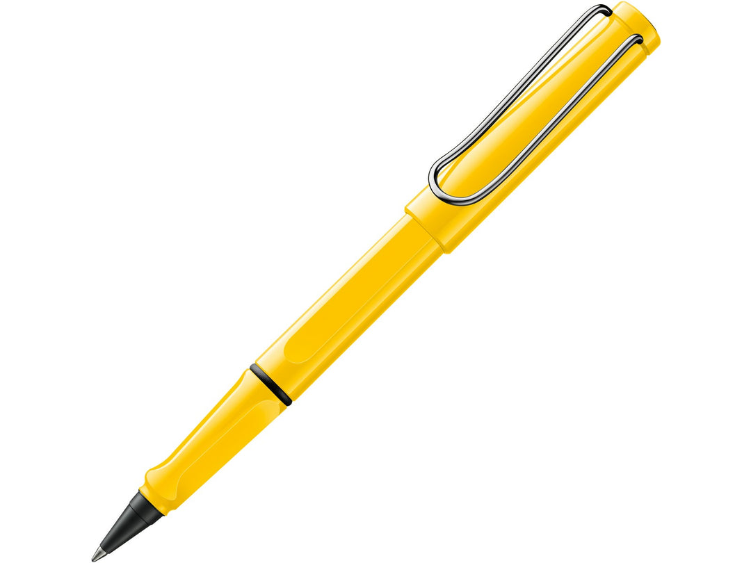 LAMY safari rollerball pen with yellow ASA plastic body, ergonomic grip section and spring-loaded metal clip