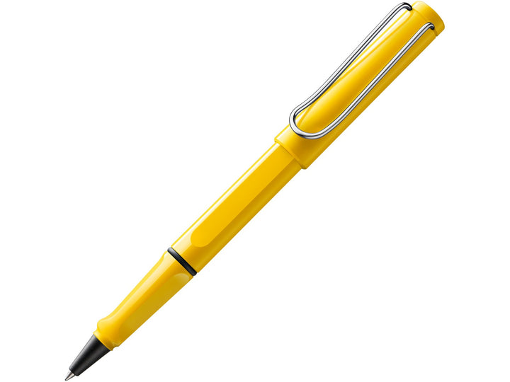 LAMY safari rollerball pen in yellow with ergonomic grip section and spring-loaded metal clip