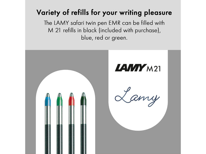 LAMY safari twin pen all black EMR PC/EL Pointier feature graphic showing compatible LAMY M21 ballpoint refills in black, blue, red and green