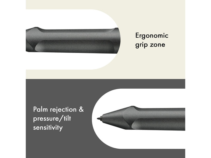 LAMY safari twin pen all black EMR PC/EL Pointier feature graphic showing ergonomic grip zone, palm rejection and pressure and tilt sensitivity