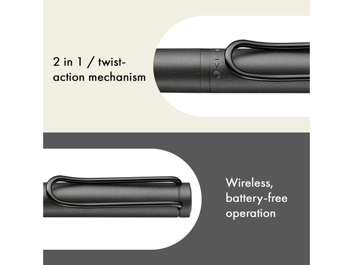 LAMY safari twin pen all black EMR PC/EL Pointier feature graphic showing 2-in-1 twist mechanism and battery-free Wacom EMR operation