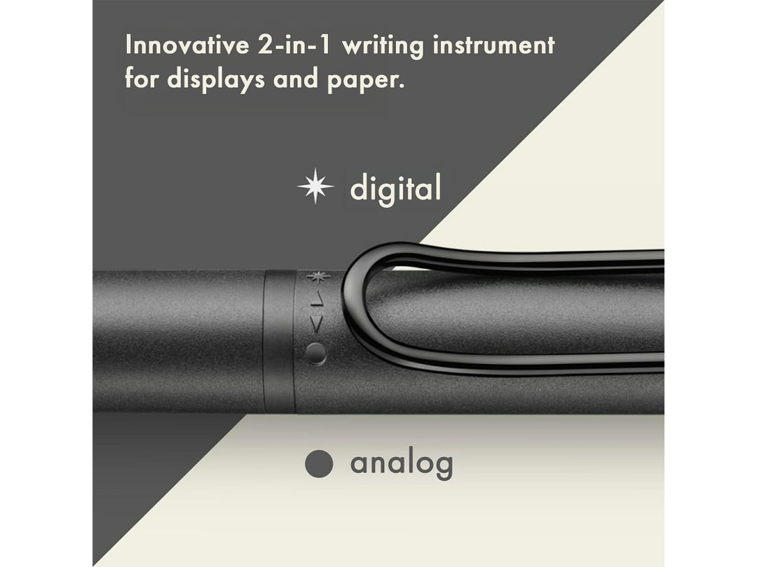 LAMY safari twin pen all black EMR PC/EL Pointier feature graphic showing seamless switching between digital stylus and ballpoint pen modes