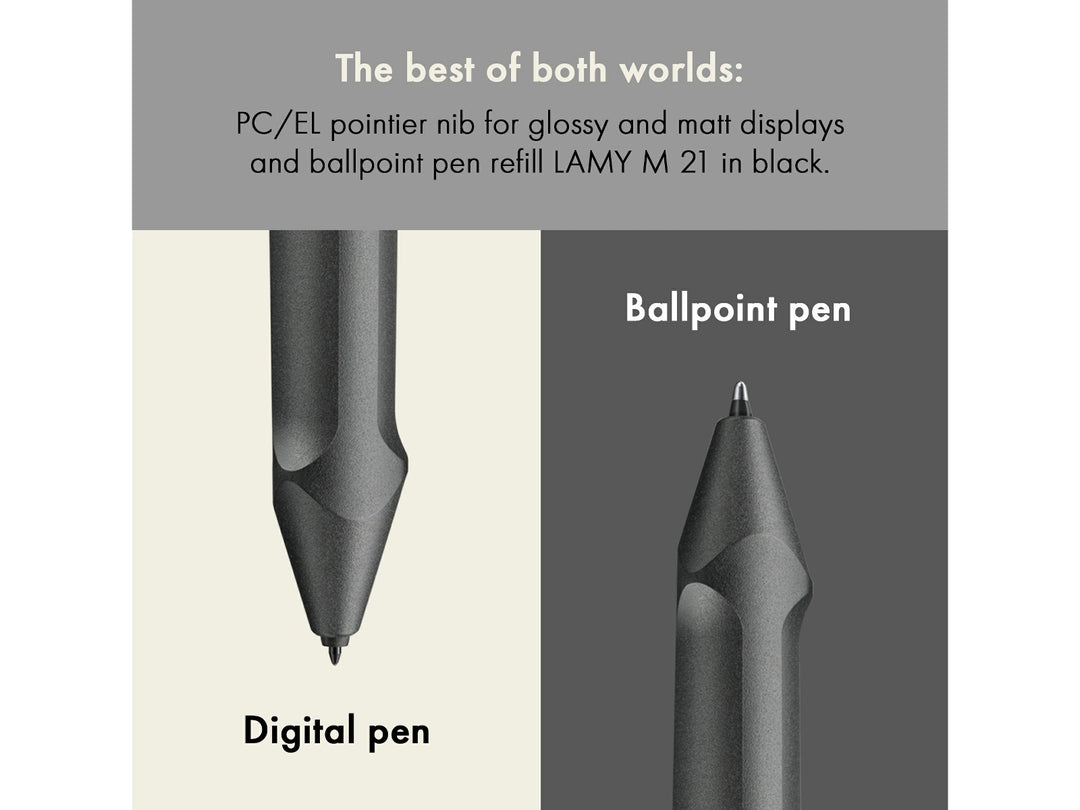 LAMY safari twin pen all black EMR PC/EL Pointier feature graphic showing digital stylus and ballpoint pen writing modes