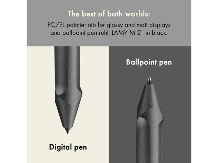 LAMY safari twin pen all black EMR PC/EL Pointier feature graphic showing digital stylus and ballpoint pen writing modes