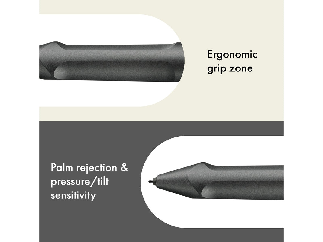 LAMY safari twin pen all black EMR POM Round feature graphic showing ergonomic grip zone, palm rejection and pressure and tilt sensitivity
