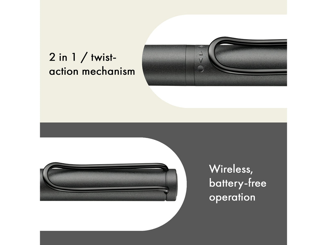 LAMY safari twin pen all black EMR POM Round feature graphic showing 2-in-1 twist mechanism and battery-free Wacom EMR operation
