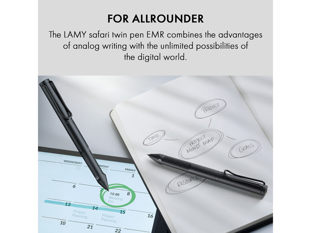 LAMY safari twin pen all black EMR POM Round lifestyle image demonstrating analogue and digital writing