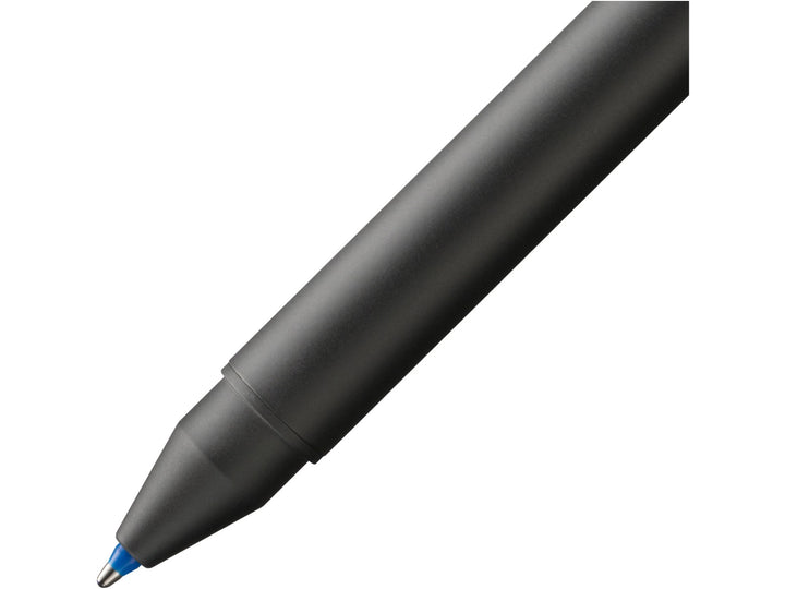 LAMY st Tri Pen Multisystem Pen Black textured grip section and blue ballpoint tip close-up