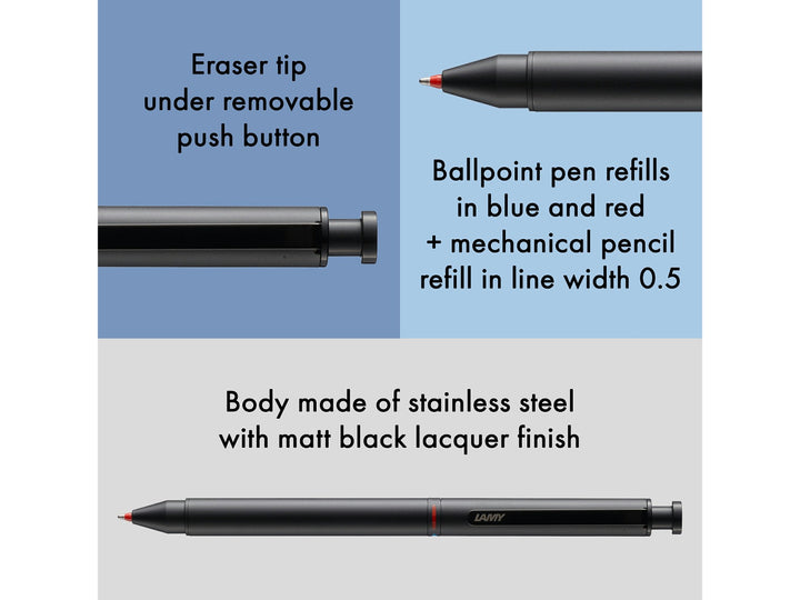 LAMY st Tri Pen Multisystem Pen Black feature graphic showing integrated eraser, blue and red ballpoint refills, 0.5mm mechanical pencil and matt black stainless steel construction
