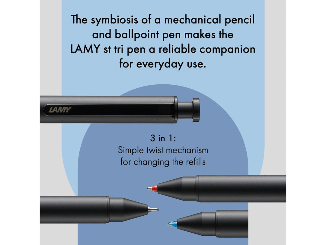LAMY st Tri Pen Multisystem Pen Black feature graphic showing 3-in-1 writing system with blue and red ballpoint refills, 0.5mm mechanical pencil and twist-action refill selection
