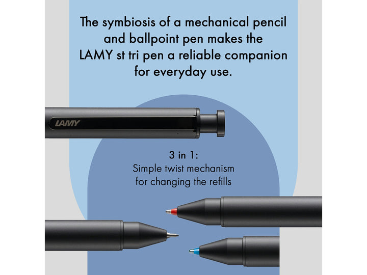 LAMY st Tri Pen Multisystem Pen Black feature graphic showing 3-in-1 writing system with blue and red ballpoint refills, 0.5mm mechanical pencil and twist-action refill selection