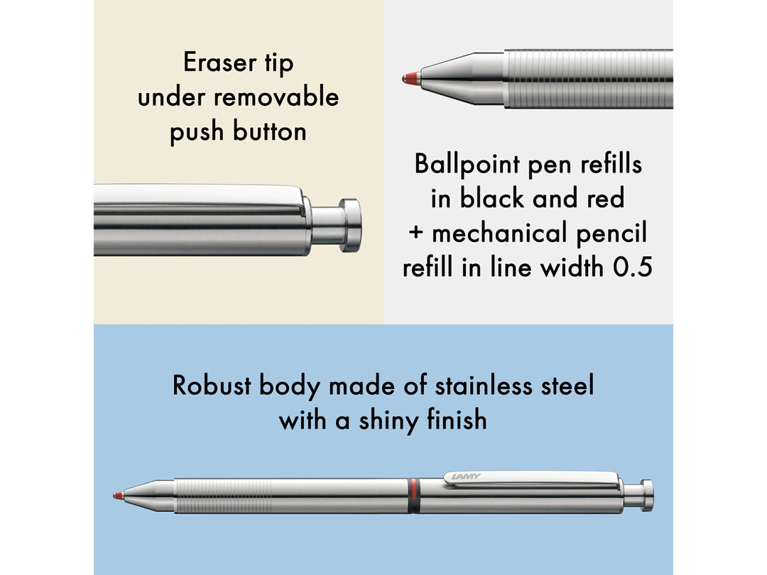LAMY st Tri Pen Multisystem Pen feature graphic showing integrated eraser, black and red ballpoint refills, 0.5mm mechanical pencil and stainless steel construction