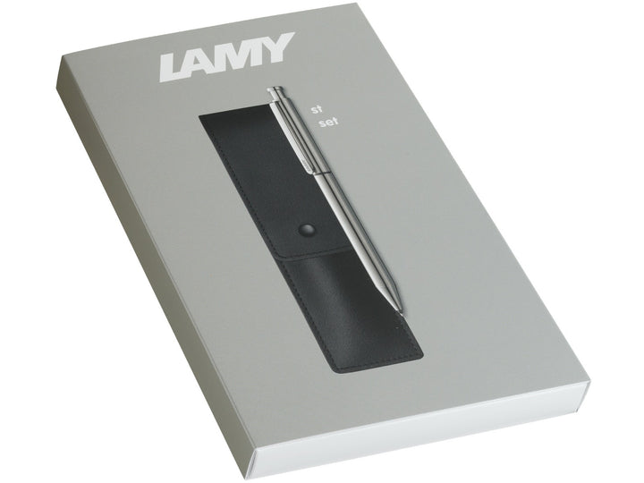 LAMY st Twin Pen and Leather Pouch Set retail gift box showing stainless steel multifunction pen and genuine leather pouch
