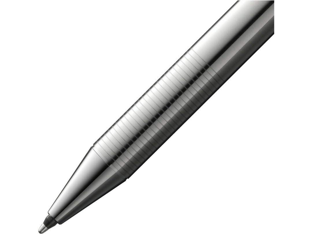 LAMY st Twin Pen and Leather Pouch Set ribbed stainless steel grip section and writing tip close-up