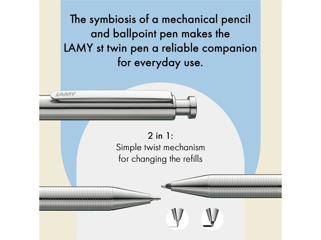 LAMY st Twin Pen and Leather Pouch Set feature graphic showing 2-in-1 writing system with ballpoint pen, 0.5mm mechanical pencil and twist-action selection mechanism