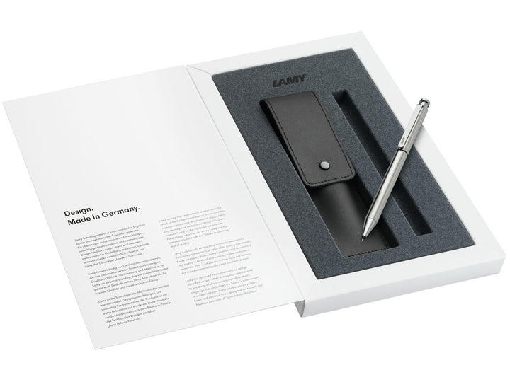LAMY st Twin Pen and Leather Pouch Set presentation box with stainless steel multifunction pen and genuine leather pouch