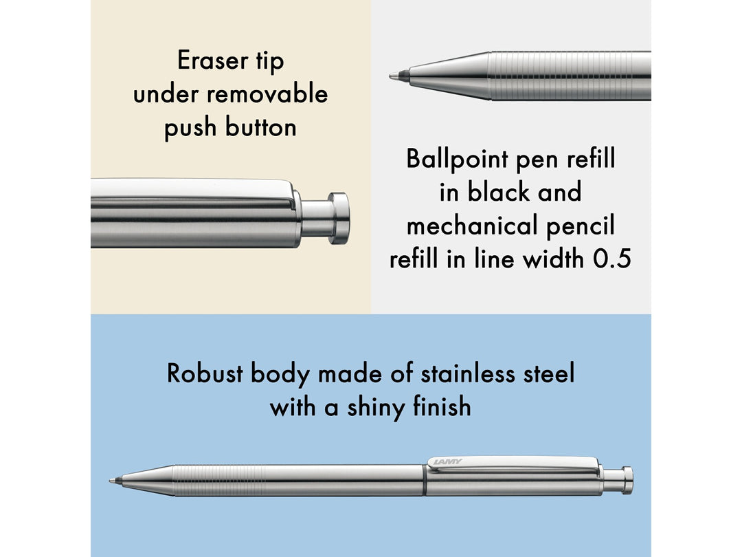 LAMY st Twin Pen Multisystem Pen feature graphic showing integrated eraser, ballpoint refill, 0.5mm mechanical pencil and stainless steel construction