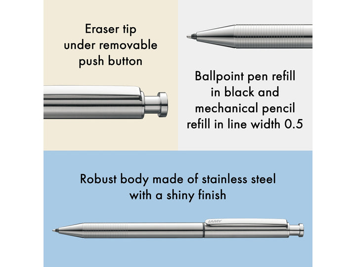 LAMY st Twin Pen Multisystem Pen feature graphic showing integrated eraser, ballpoint refill, 0.5mm mechanical pencil and stainless steel construction