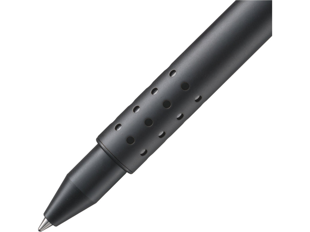 LAMY swift rollerball pen grip detail showing matt black finish, perforated barrel design and retractable rollerball writing tip