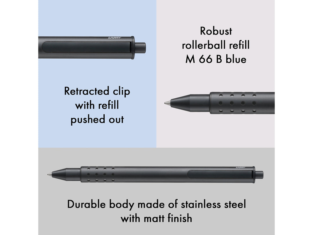 LAMY swift rollerball pen feature graphic showing retractable clip mechanism, M66 blue rollerball refill and matt black-finish stainless steel body