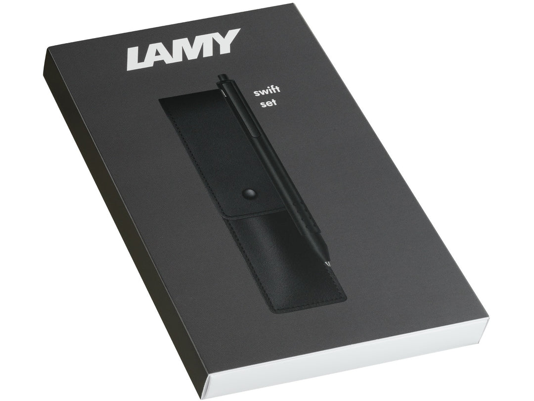LAMY swift rollerball pen set retail presentation box showing matt black rollerball pen and matching leather pen pouch