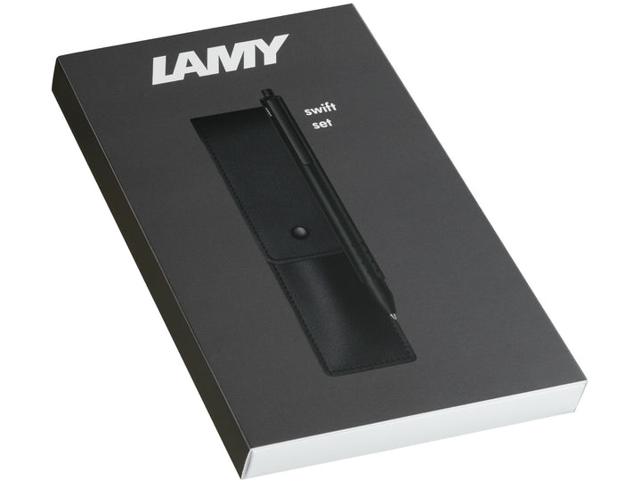 LAMY swift rollerball pen set retail presentation box showing matt black rollerball pen and matching leather pen pouch