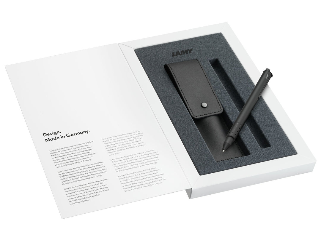 LAMY swift rollerball pen set presentation box with matt black rollerball pen and matching leather pen pouch