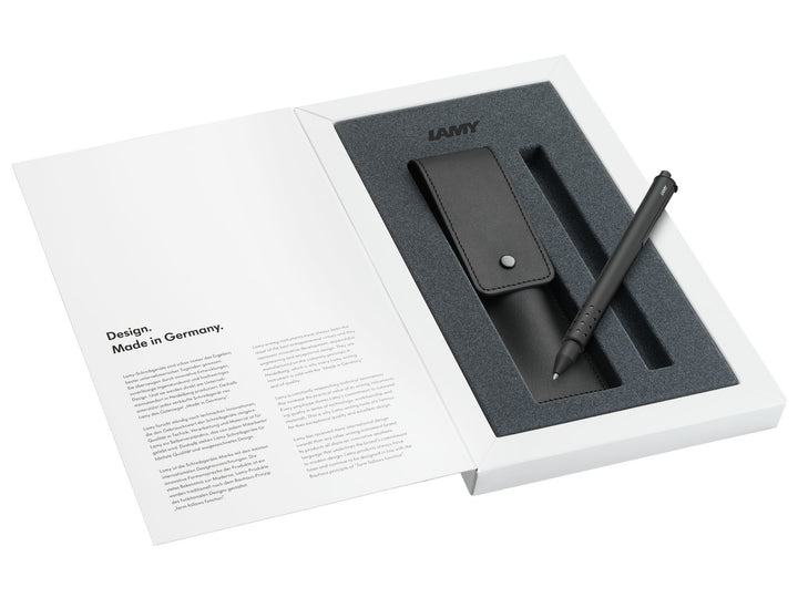 LAMY swift rollerball pen set presentation box with matt black rollerball pen and matching leather pen pouch