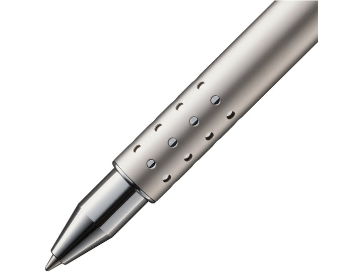 LAMY swift rollerball pen grip detail showing palladium finish, perforated barrel design and retractable rollerball writing tip