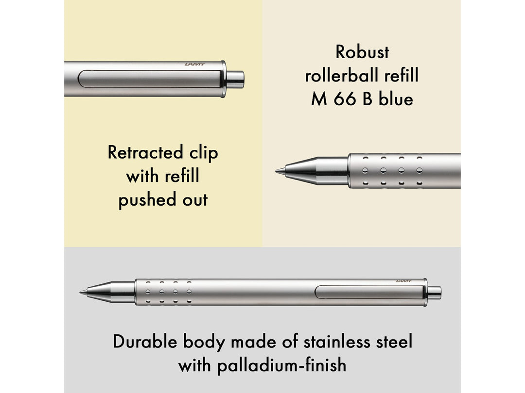LAMY swift rollerball pen feature graphic showing retractable clip mechanism, M66 blue rollerball refill and palladium-finish stainless steel body