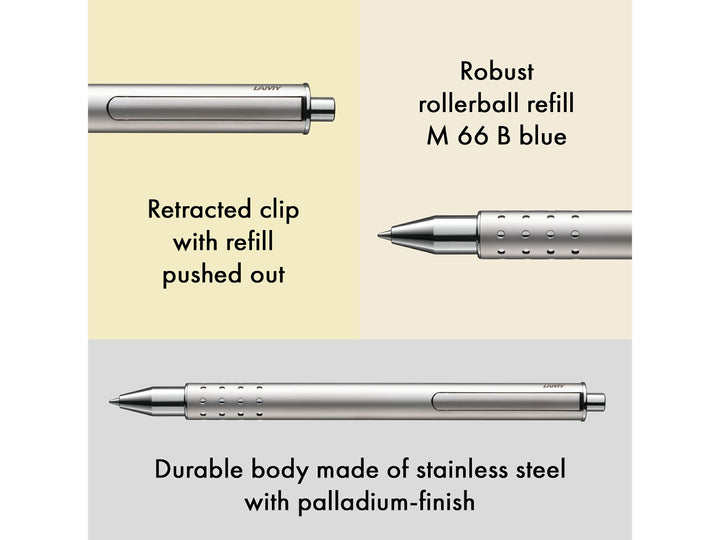 LAMY swift rollerball pen feature graphic showing retractable clip mechanism, M66 blue rollerball refill and palladium-finish stainless steel body