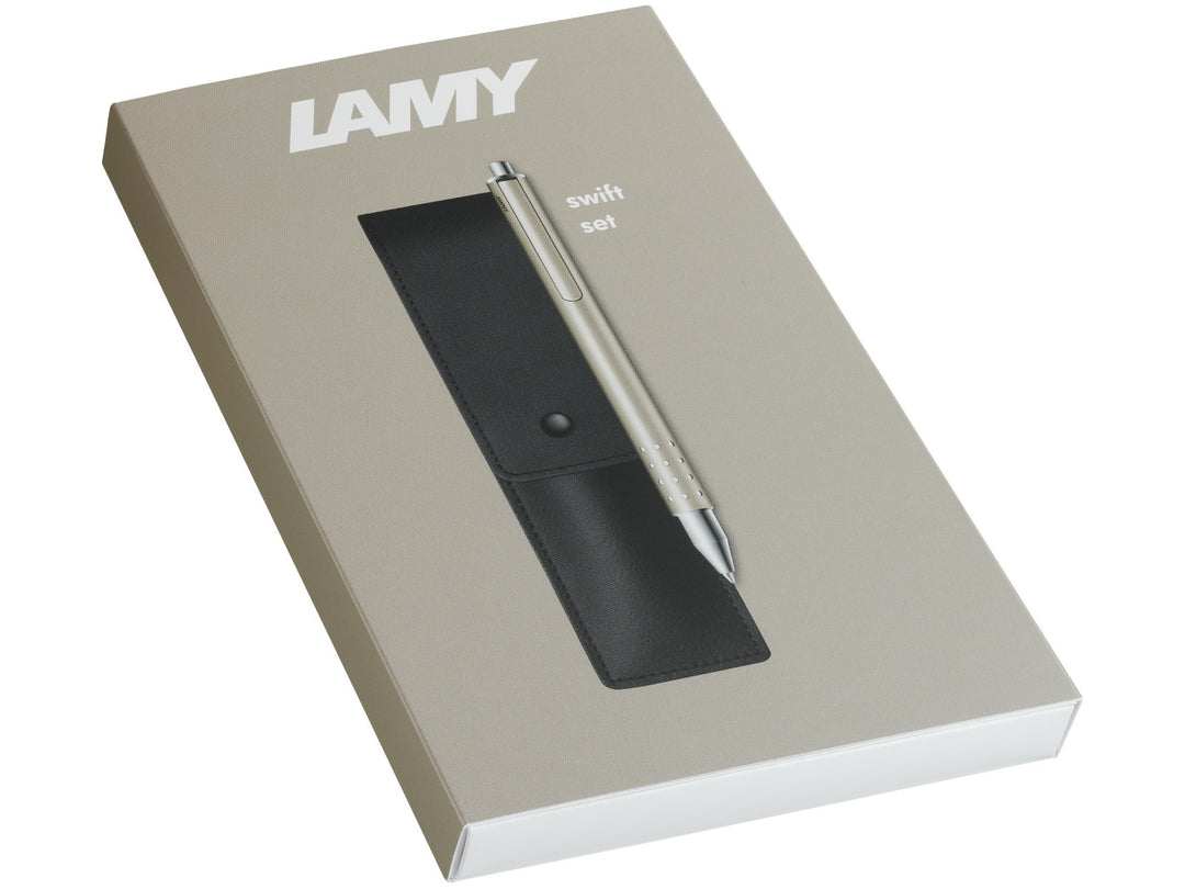 LAMY swift rollerball pen set retail presentation box showing palladium rollerball pen and matching leather pen pouch