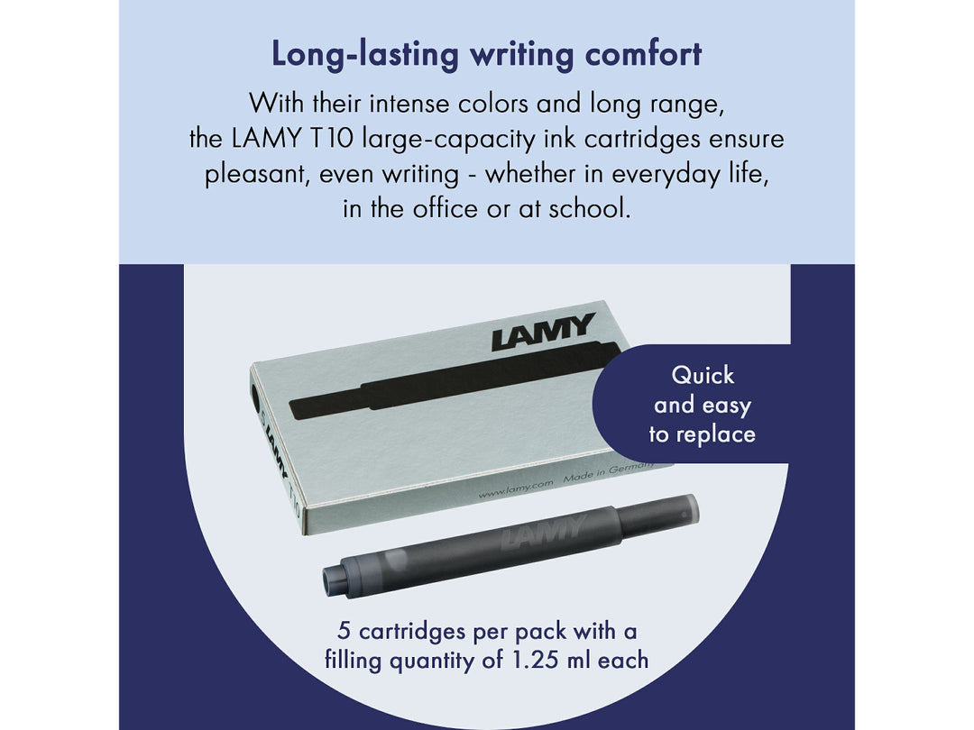 LAMY T10 Fountain Pen Ink Cartridges long-lasting ink capacity and easy replacement feature graphic