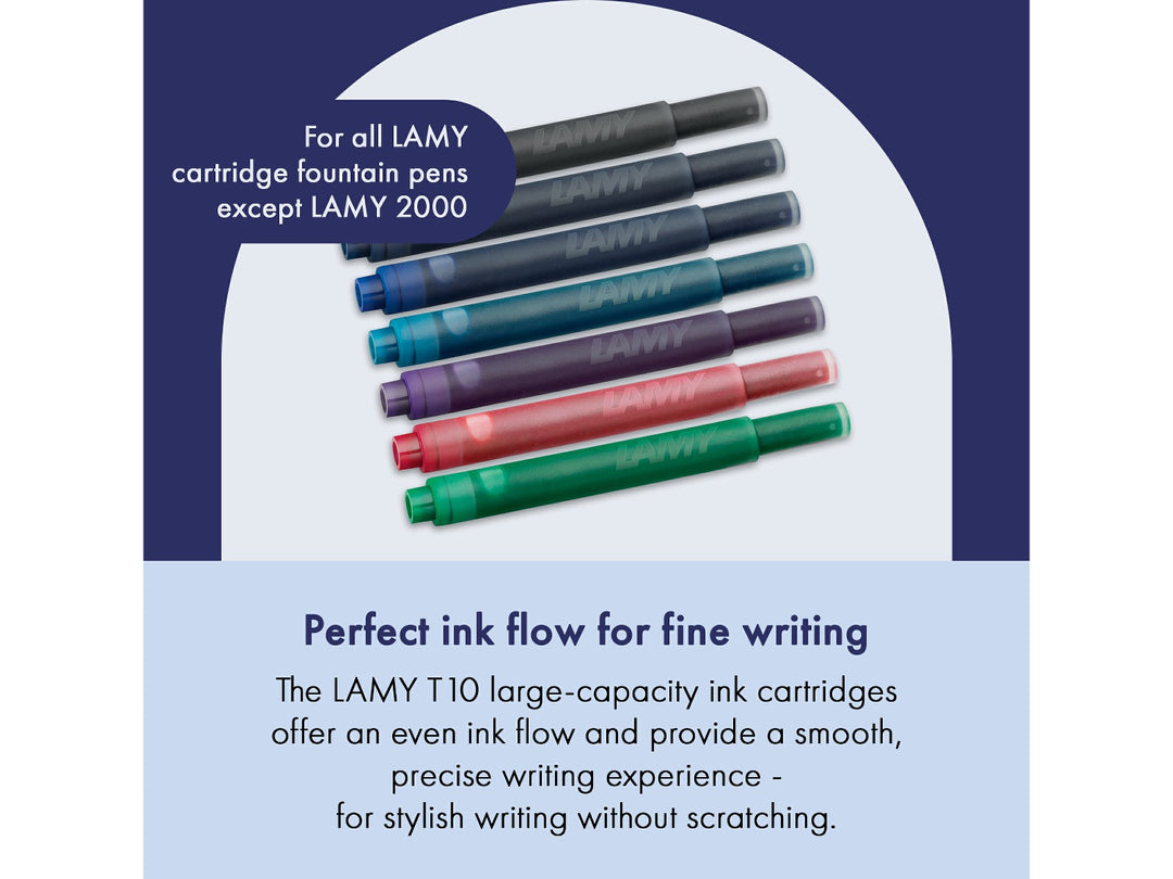 LAMY T10 Fountain Pen Ink Cartridges fountain pen compatibility and smooth ink flow feature graphic