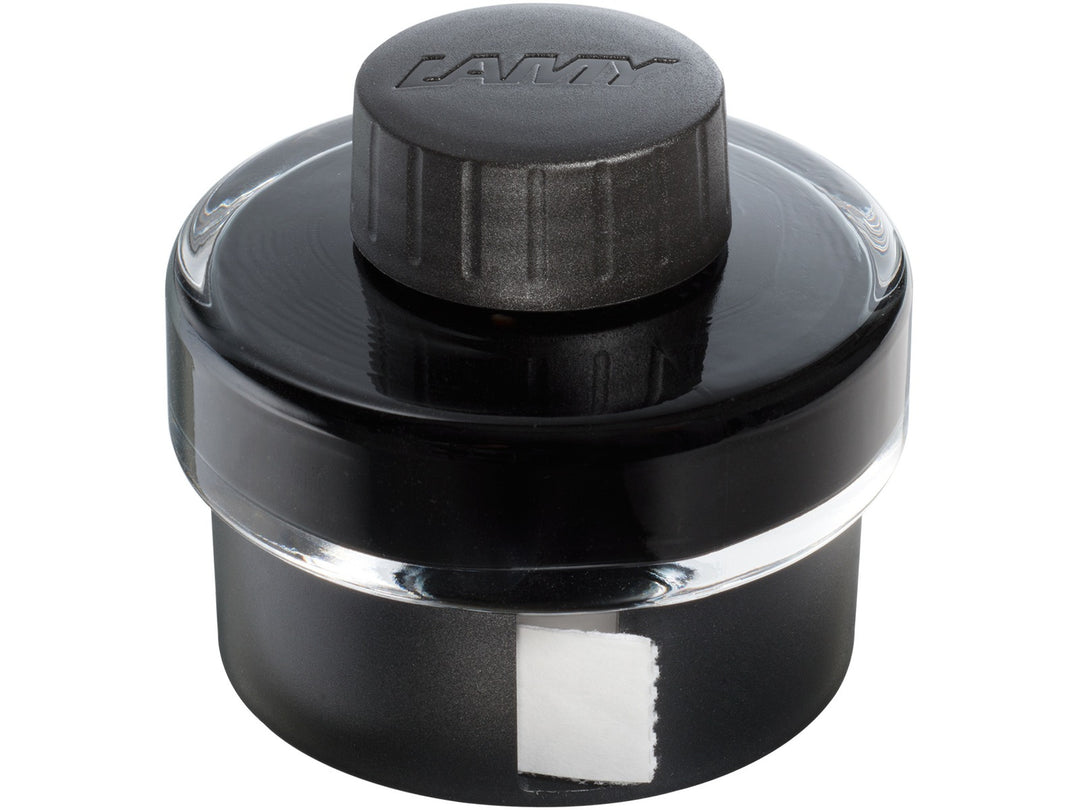 LAMY T52 Black Fountain Pen Ink Bottle 50ml showing integrated blotting paper roll in bottle base