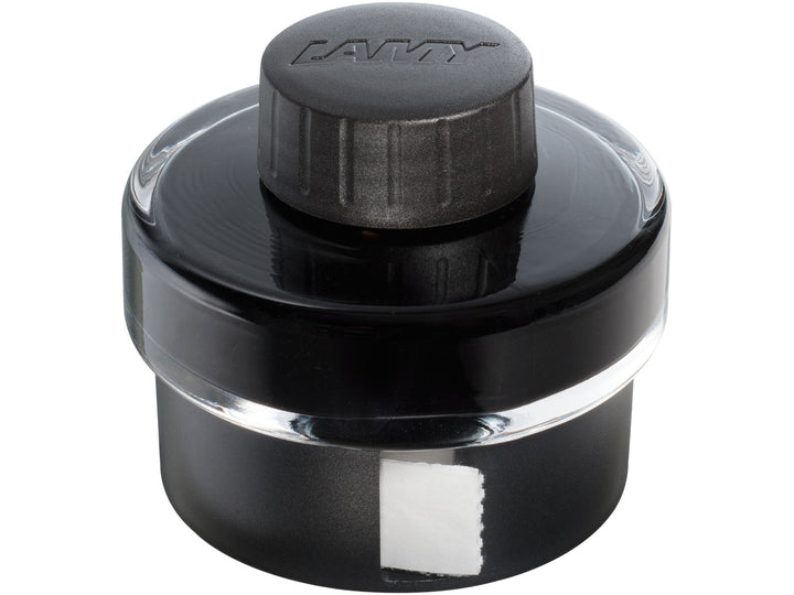 LAMY T52 Black Fountain Pen Ink Bottle 50ml showing integrated blotting paper roll in bottle base