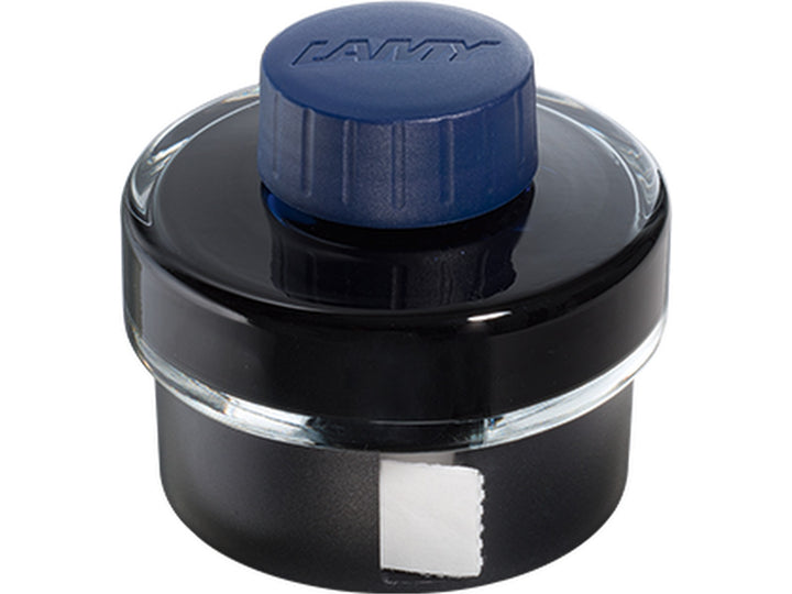 LAMY T52 Blue-Black Fountain Pen Ink Bottle 50ml showing integrated blotting paper roll in bottle base