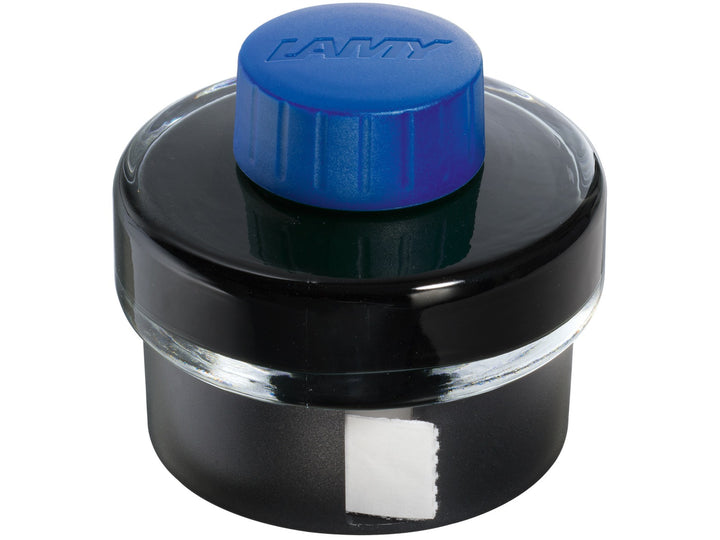 LAMY T52 Blue Fountain Pen Ink Bottle 50ml showing integrated blotting paper roll in bottle base